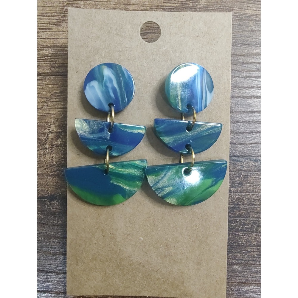 GREEN & Bue MARBILIZED Tiered DANGLE PIERCED EARRINGS